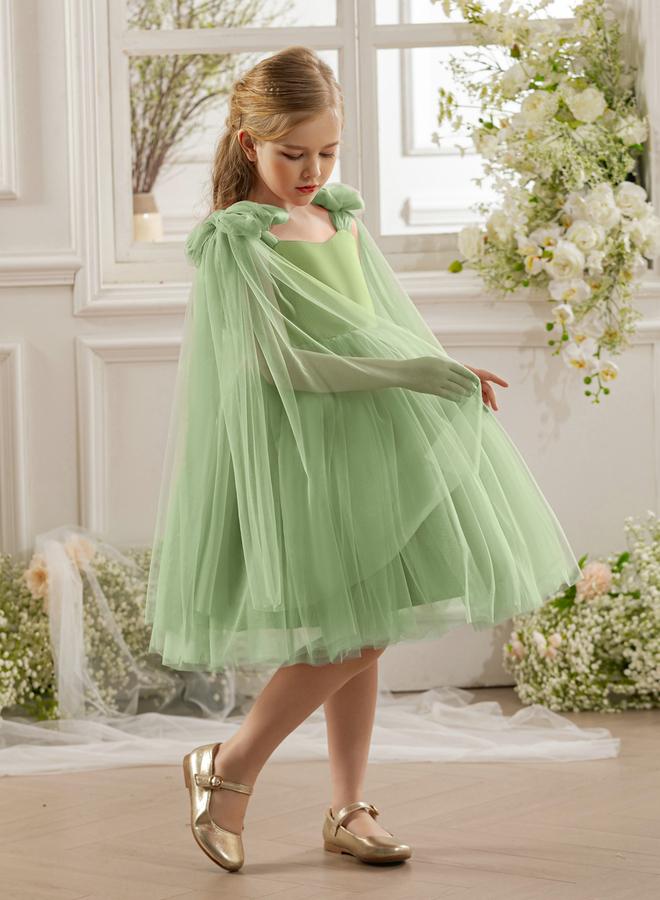 Take Two Girls Bow Sleeveless Cape Detail Mesh Dress - Image 4